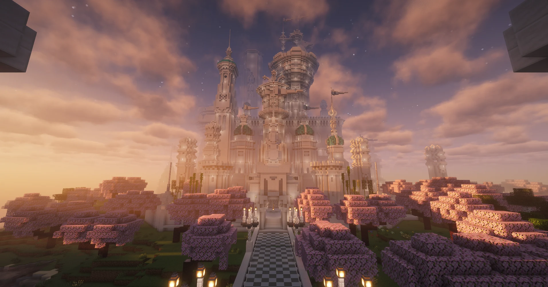 A grand Minecraft castle and pink cherry trees beneath a sunset sky.